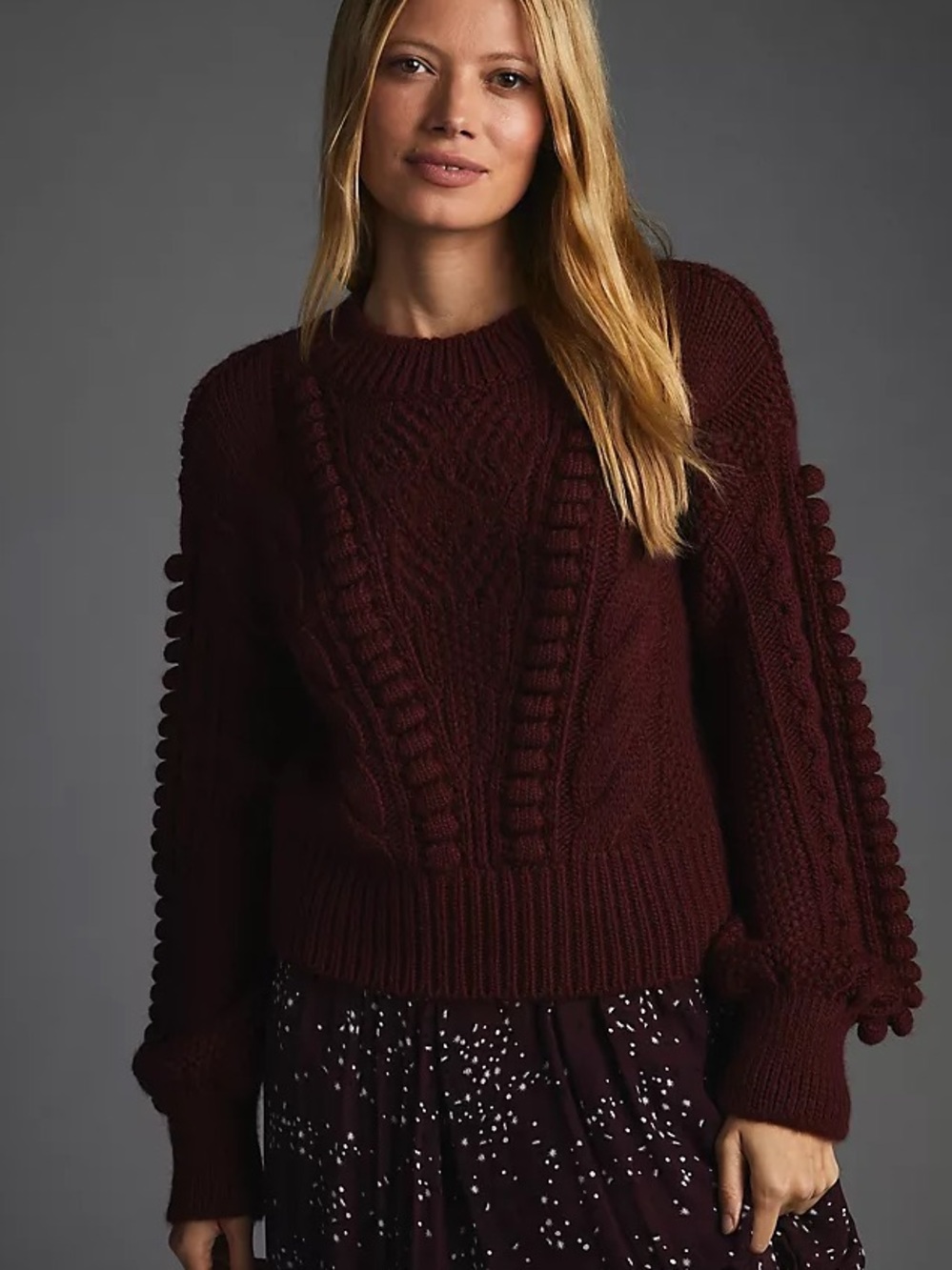 Anthropologie | Cropped Cable Knit Sweater in Wine | Large